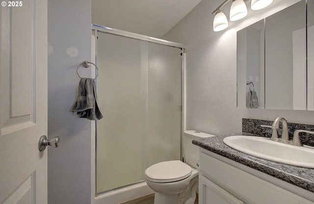 bathroom featuring walk in shower, vanity, and toilet