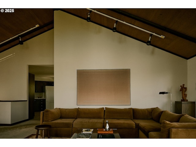 living area with carpet floors, wood ceiling, and high vaulted ceiling