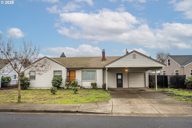 single story home featuring a front yard and a garage