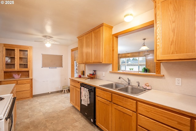4160 Willhi St, Eugene, OR 97402 - kitchen with sink, black dishwasher, pendant lighting, ceiling fan, and range