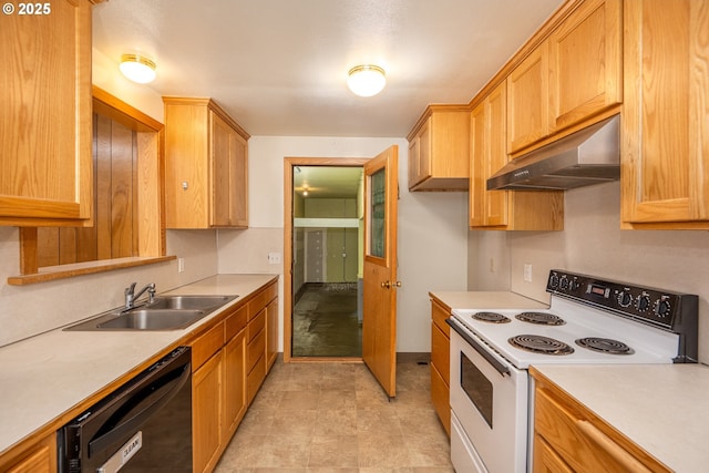 kitchen featuring sink, dishwasher, extractor fan, and electric range