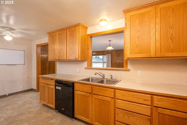 kitchen with dishwasher, sink, and ceiling fan