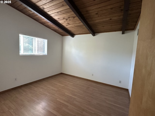 unfurnished room featuring vaulted ceiling with beams, wooden ceiling, baseboards, and wood finished floors