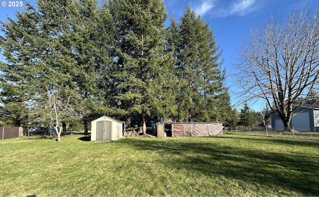 view of yard with a storage unit, an outdoor structure, and fence