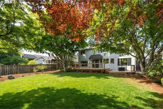 view of yard featuring a deck and a fenced backyard