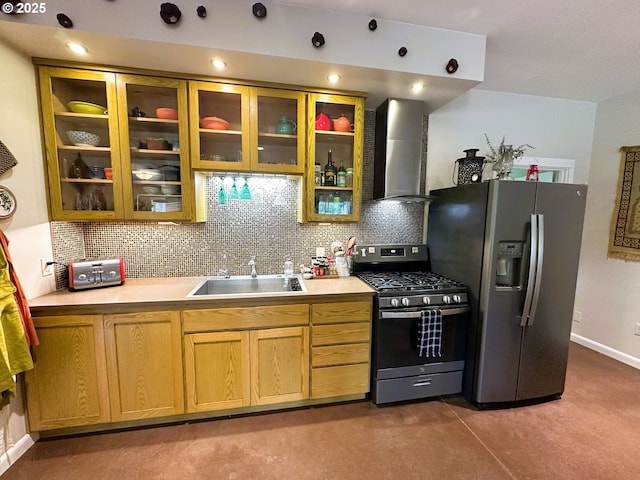 94986 Thetford Ln, Marcola, OR 97454 - kitchen featuring stainless steel appliances, a sink, wall chimney range hood, light countertops, and tasteful backsplash