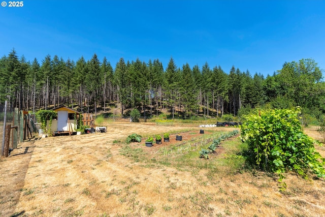 94986 Thetford Ln, Marcola, OR 97454 - view of yard featuring a storage shed, an outbuilding, a wooded view, and fence