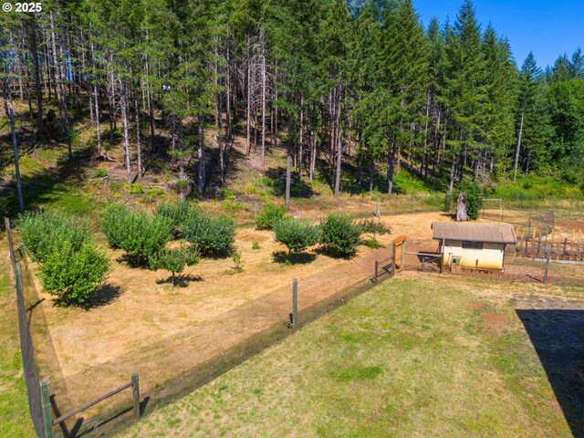 94986 Thetford Ln, Marcola, OR 97454 - view of yard featuring fence, an outbuilding, and a view of trees