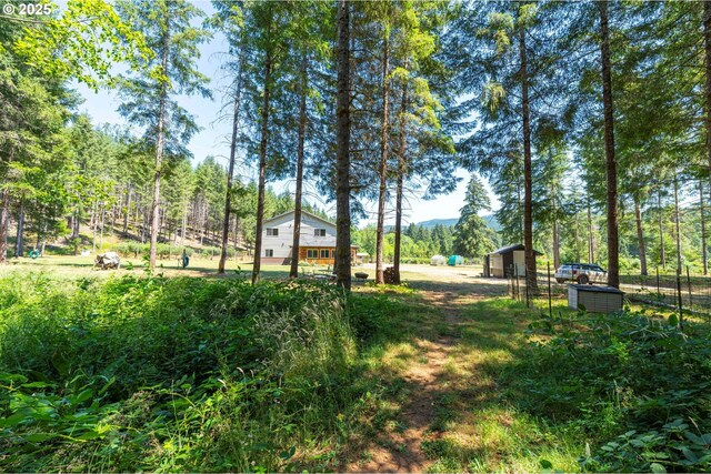 94986 Thetford Ln, Marcola, OR 97454 - view of yard with an outdoor structure, fence, and a mountain view
