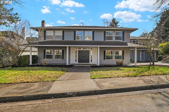 view of front of property featuring a front lawn, a chimney, and a porch