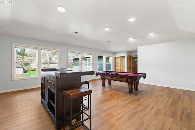 game room with recessed lighting, light wood-style flooring, baseboards, and pool table