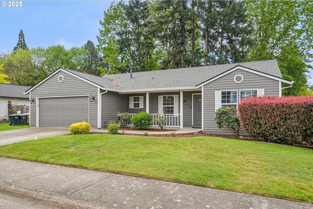 19030 SW Pike Ln, Beaverton, OR 97078 - ranch-style house with covered porch, a garage, roof with shingles, concrete driveway, and a front lawn