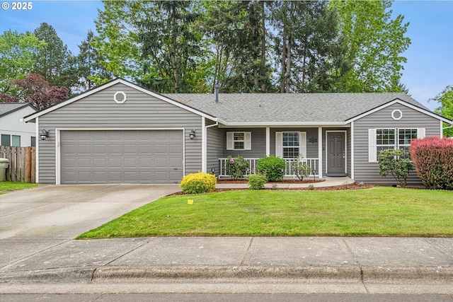 19030 SW Pike Ln, Beaverton, OR 97078 - ranch-style house with a porch, an attached garage, concrete driveway, and a shingled roof