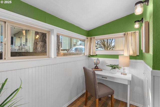 home office with vaulted ceiling