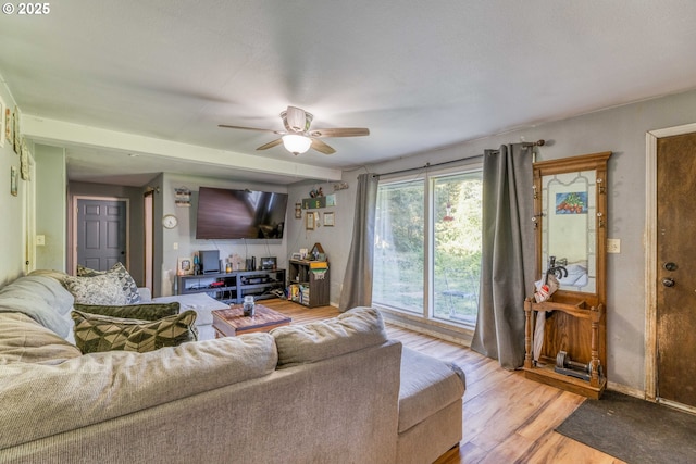 living room featuring ceiling fan, light wood-type flooring, and baseboards