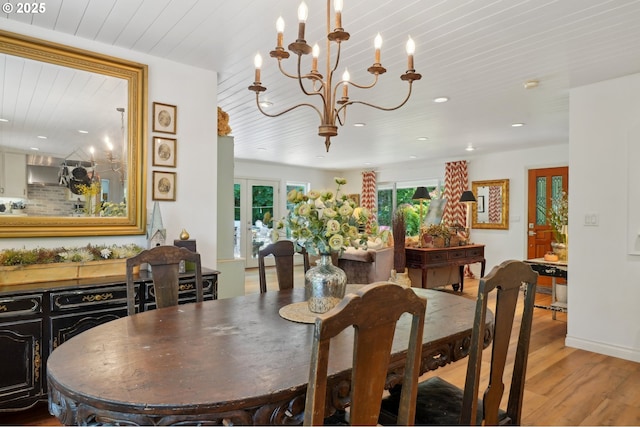 15785 SW Bull Mountain Rd, Portland, OR 97224 - dining space featuring wooden ceiling, wood finished floors, a chandelier, and recessed lighting