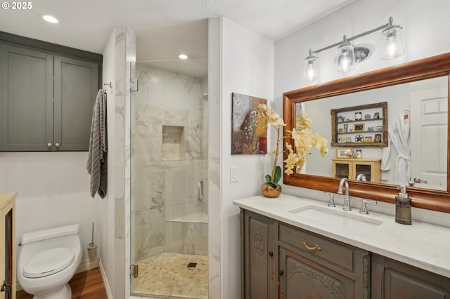 15785 SW Bull Mountain Rd, Portland, OR 97224 - bathroom with vanity, a marble finish shower, toilet, and recessed lighting