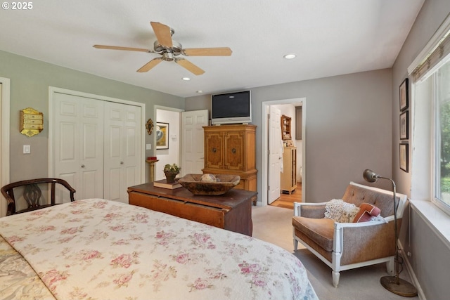 15785 SW Bull Mountain Rd, Portland, OR 97224 - bedroom featuring light carpet, ceiling fan, a closet, recessed lighting, and ensuite bathroom
