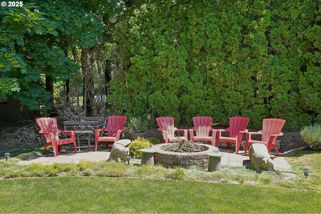 15785 SW Bull Mountain Rd, Portland, OR 97224 - view of green lawn with a fire pit and a patio area