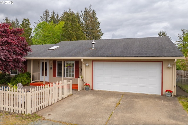 ranch-style home featuring fence, an attached garage, concrete driveway, and roof with shingles