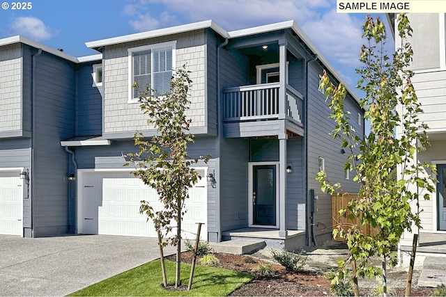 view of front of home featuring a balcony and a garage