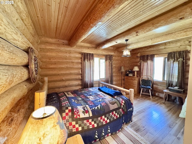 44552 Red Boy Rd, Granite, OR 97877 - bedroom with hardwood / wood-style floors, a wooden ceiling with exposed beams, and log walls