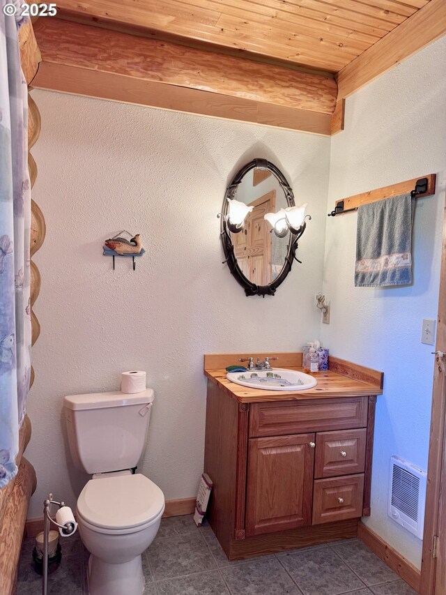 44552 Red Boy Rd, Granite, OR 97877 - half bath with vanity, wooden ceiling, and tile patterned floors