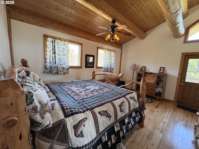 44552 Red Boy Rd, Granite, OR 97877 - bedroom featuring a wood ceiling with exposed beams, hardwood / wood-style floors, and ceiling fan