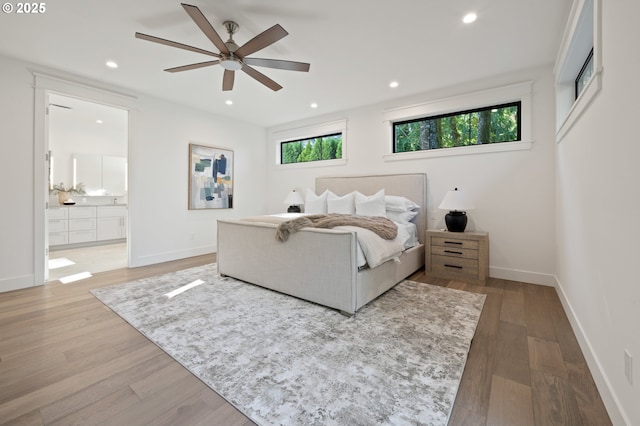 3884 Lake Grove Ave, Lake Oswego, OR 97035 - bedroom with wood finished floors, baseboards, recessed lighting, ensuite bath, and ceiling fan