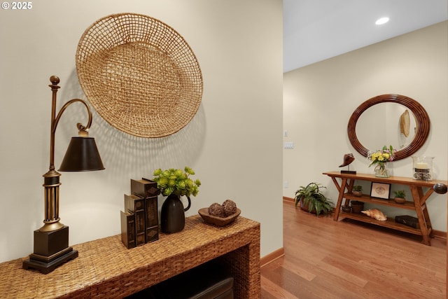 123 S Hemlock St # 201, Cannon Beach, OR 97110 - hallway featuring wood finished floors and recessed lighting