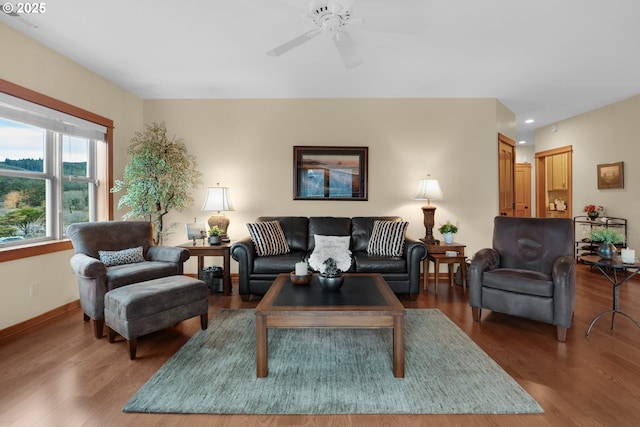 123 S Hemlock St # 201, Cannon Beach, OR 97110 - living area featuring wood finished floors, a ceiling fan, and recessed lighting