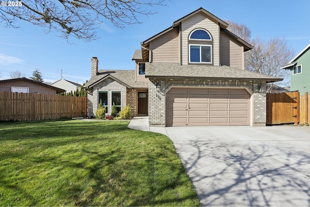 view of front of home with brick siding, concrete driveway, a front lawn, and fence