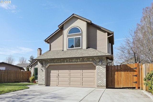 view of front facade with brick siding, an attached garage, a shingled roof, fence, and driveway