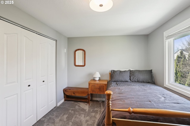 bedroom with multiple windows, a closet, and carpet floors