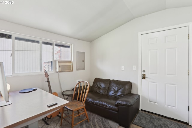 office area featuring electric panel, cooling unit, and lofted ceiling