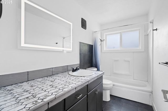 2222 34th Ave, Albany, OR 97322 - bathroom with vanity, toilet, tile patterned floors, and shower / bath combo