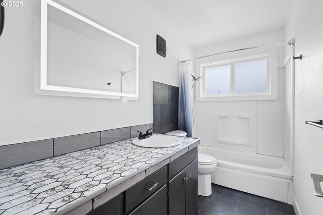 2222 34th Ave, Albany, OR 97322 - bathroom with vanity, toilet, tile patterned floors, and shower / bath combo