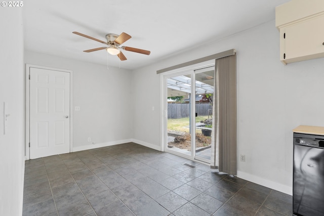 2222 34th Ave, Albany, OR 97322 - unfurnished dining area with a ceiling fan, baseboards, and dark stone finish floors