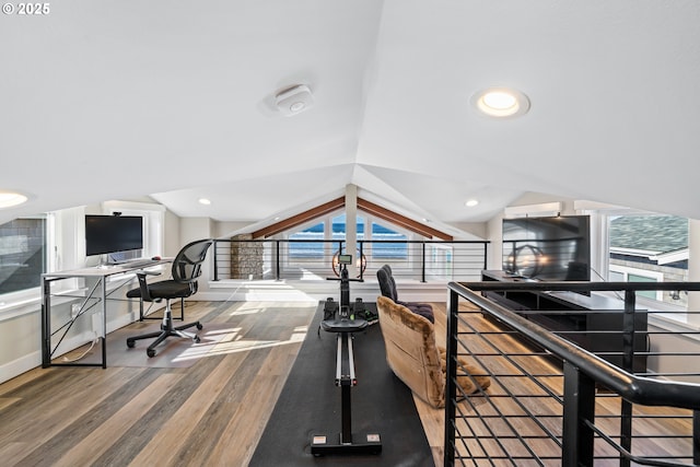 office area featuring lofted ceiling, baseboards, wood finished floors, and recessed lighting