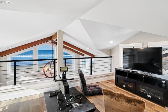 exercise area featuring lofted ceiling, wood finished floors, and recessed lighting