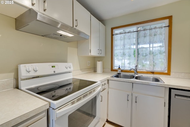 3441 SE 162nd Ave, Portland, OR 97236 - kitchen featuring white range with electric stovetop, dishwasher, under cabinet range hood, light countertops, and white cabinets