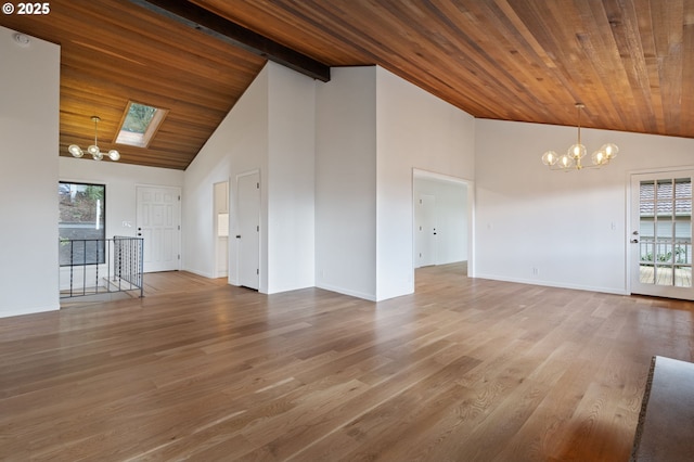 unfurnished living room with wood finished floors, plenty of natural light, and a chandelier