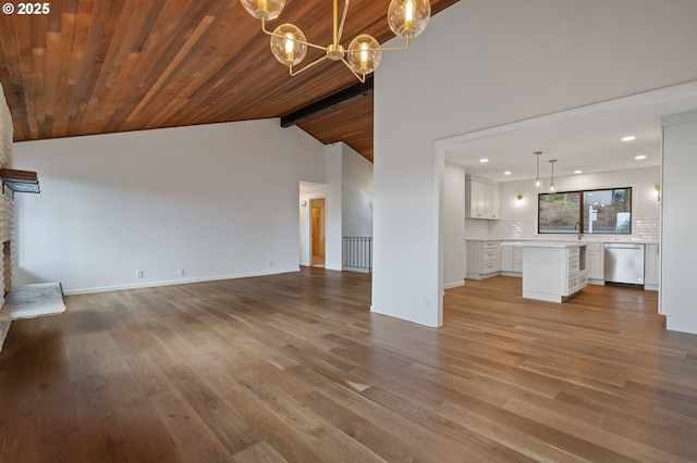 unfurnished living room with light wood-style flooring, wooden ceiling, lofted ceiling with beams, and an inviting chandelier