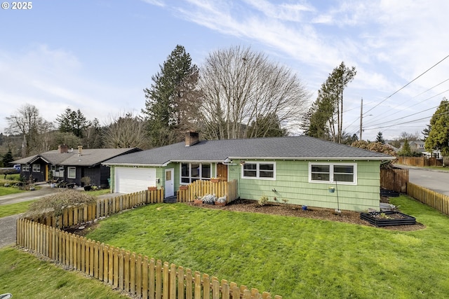 single story home featuring a front lawn, a chimney, an attached garage, and fence