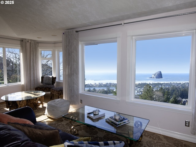 living area with baseboards and a water view