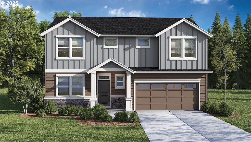 16736 SE Crossland St, Happy Valley, OR 97086 - view of front facade featuring board and batten siding, a front lawn, and concrete driveway