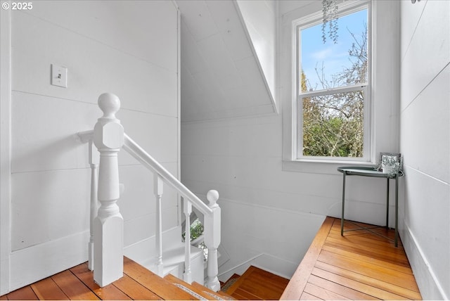 staircase with hardwood / wood-style flooring