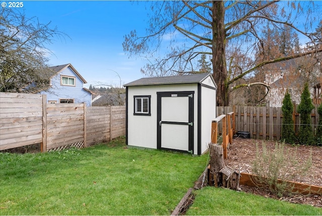 view of shed with a fenced backyard