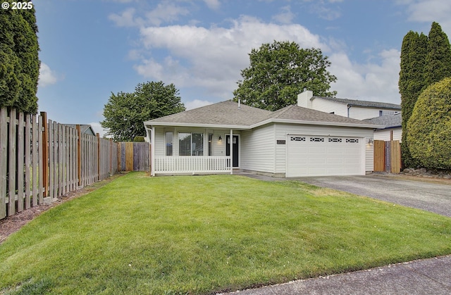 7716 NE 136th Ave, Vancouver, WA 98682 - view of front of property with an attached garage, asphalt driveway, a shingled roof, a porch, and a chimney