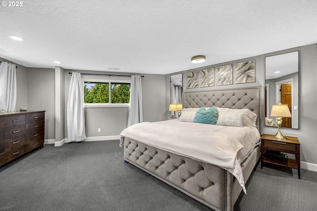 bedroom with dark colored carpet, a textured ceiling, baseboards, and recessed lighting